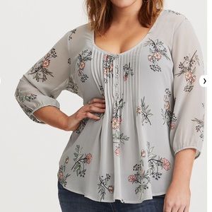Torrid Grey Floral Chiffon Pintuck Blouse